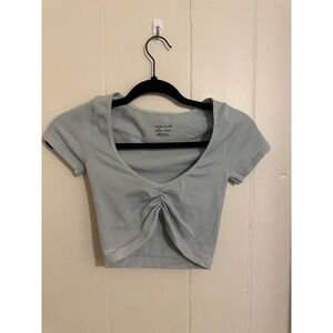 Out From Under Ruched Cropped Top Short Sleeve Scoop Neck Light Blue XXS TP P